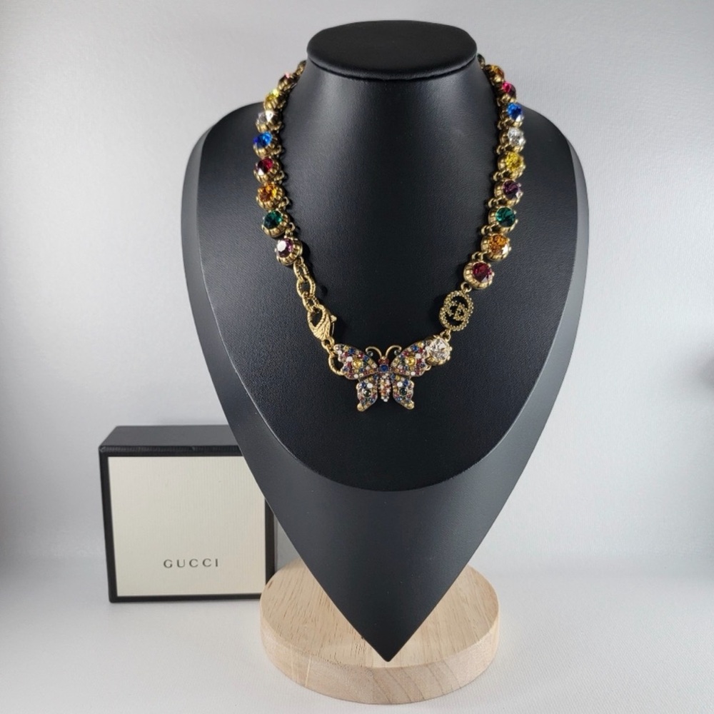 RARE GUCCI GG Logo Butterfly Antique Goldplated × Rhinestones Necklace